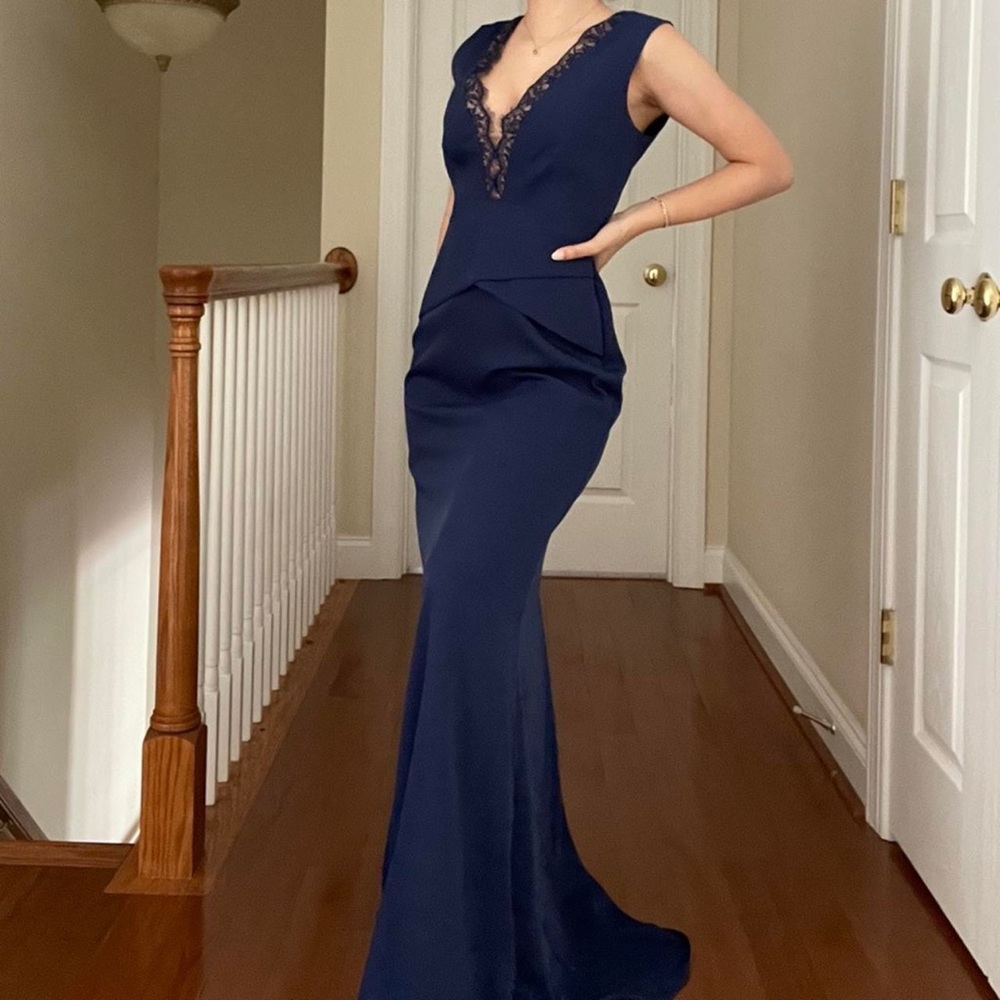 BCBGMAXAZRIA Navy Blue Maxi Dress with V Neck Lace Opening